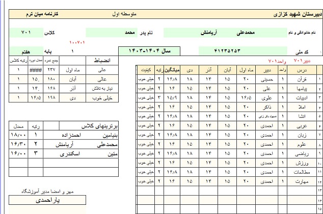 کارنامه ماهیانه,کارنامه میان ترم,کارنامه میان نوبت,کارنامه,رتبه بندی